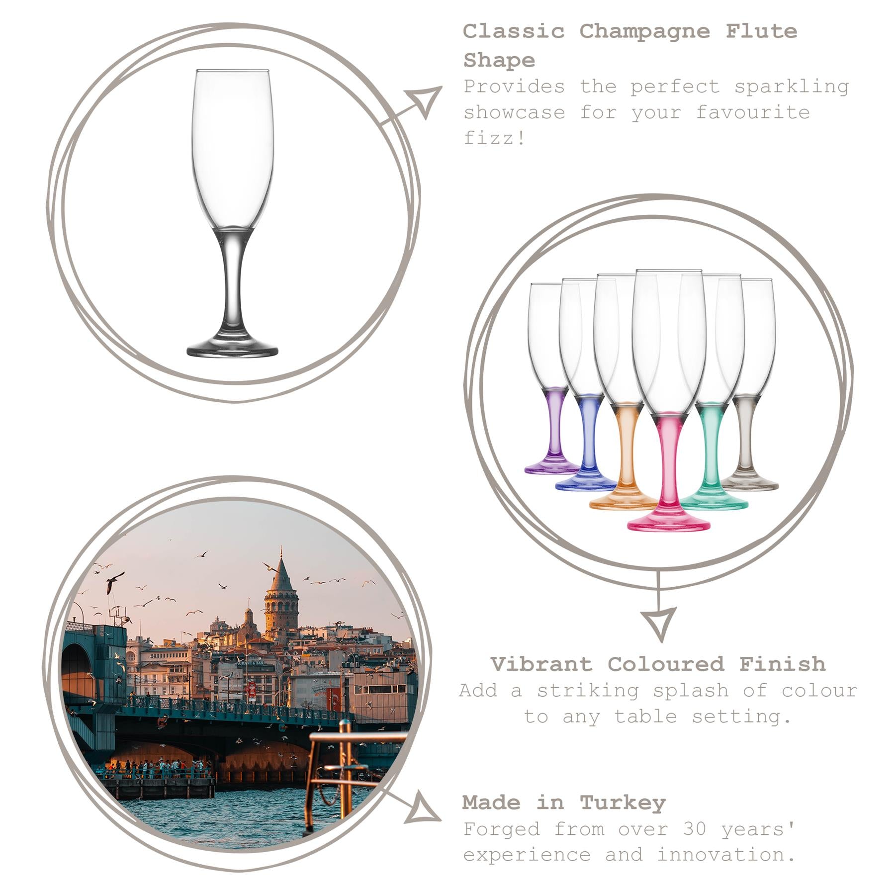 190ml Misket Glass Champagne Flute - Coloured Stem