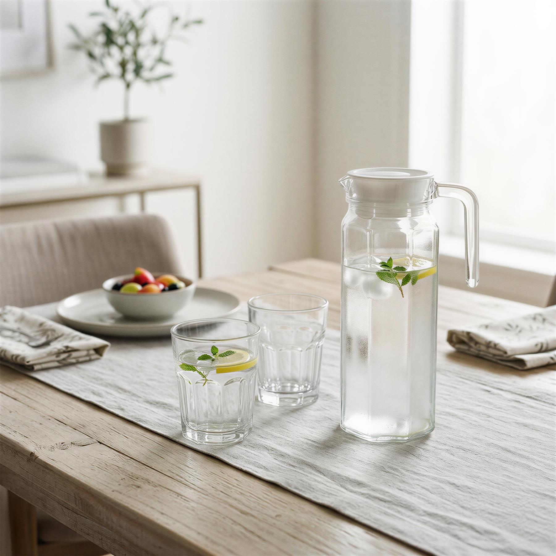 1L Glass Water Jug with White Silicone Lid - Clear