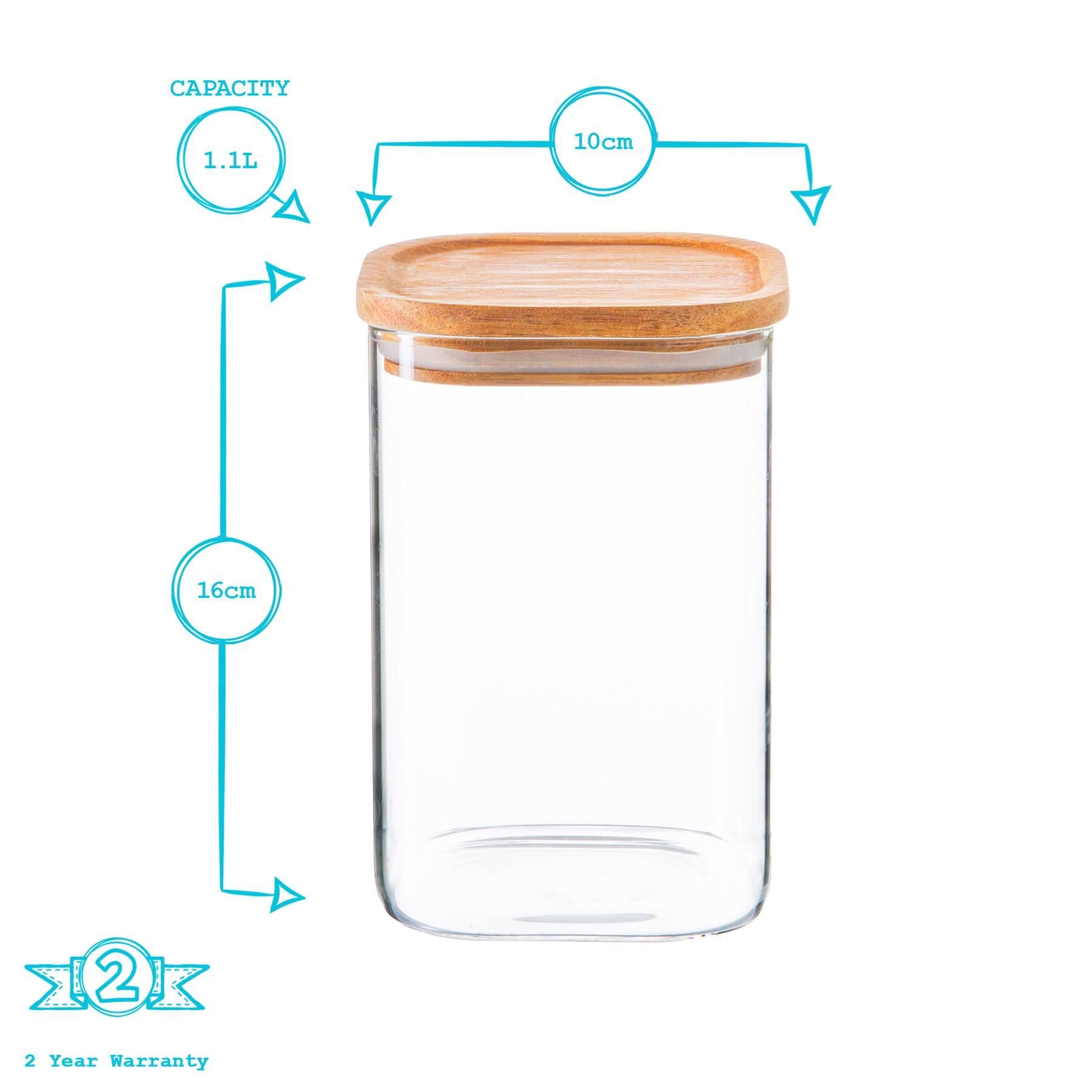 Square Glass Storage Jar with Acacia Wooden Lid - 1.1 Litre