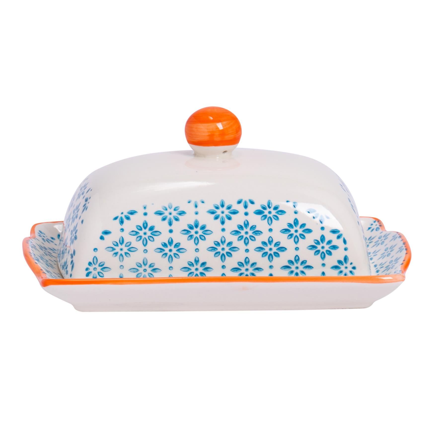 Hand-Printed Butter Dish - 18.5cm - Light Blue