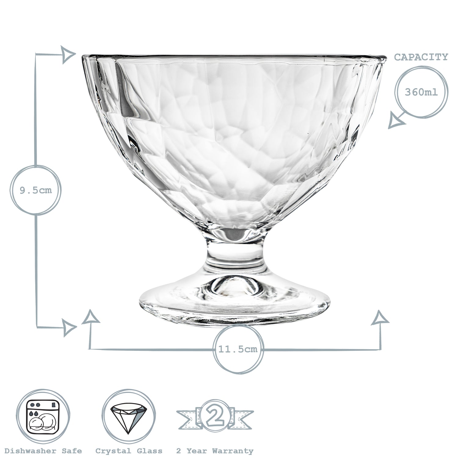 Diamond Glass Dessert Bowl - 360ml