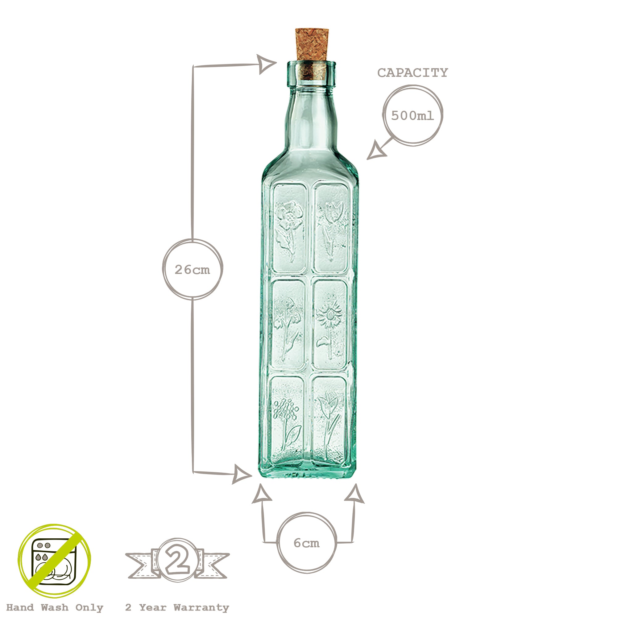 Country Home Fiori Olive Oil Bottle with Cork Lid - 500ml - Clear