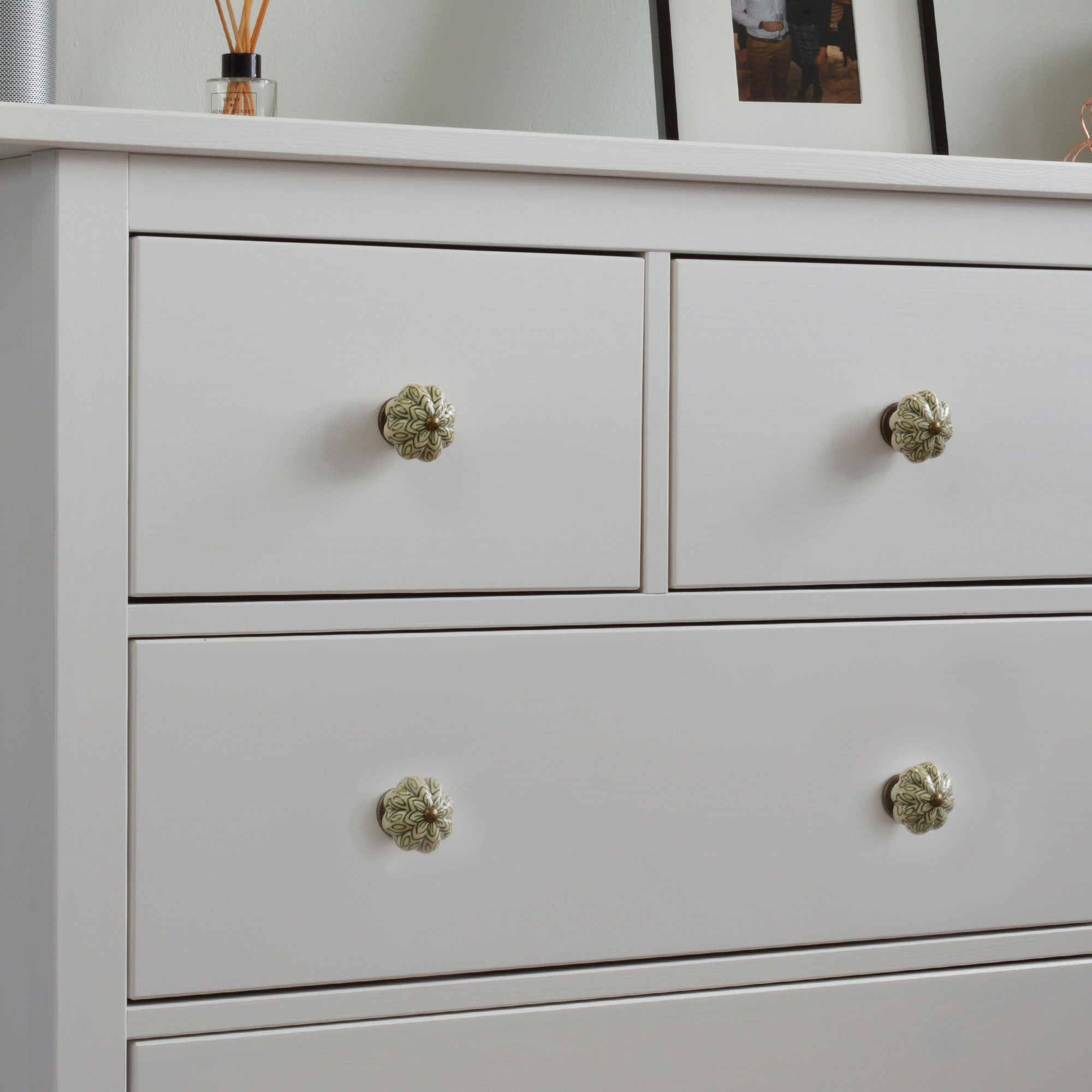 Ceramic Drawer Knob - Vintage Flower - Olive Green