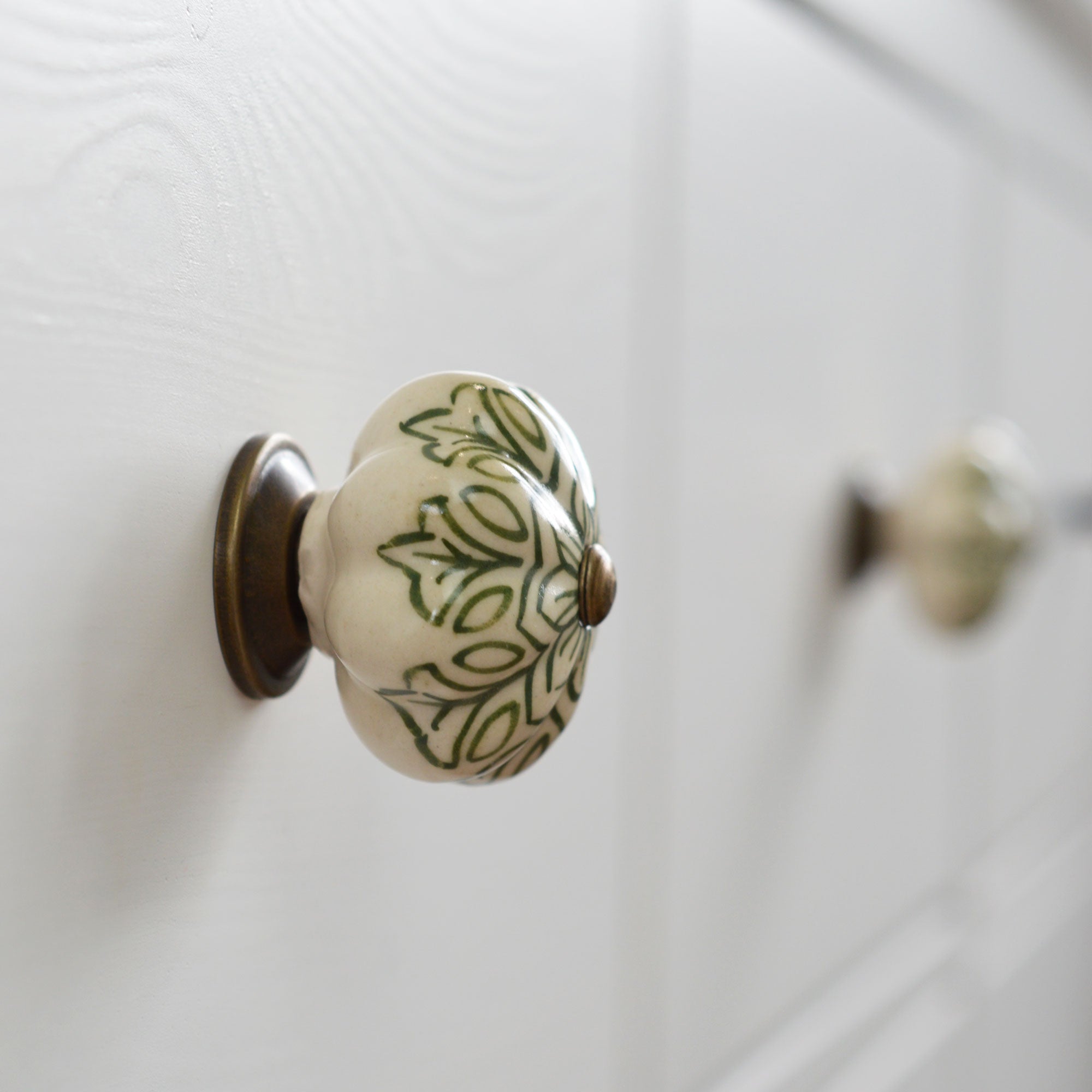 Ceramic Drawer Knob - Vintage Flower - Olive Green