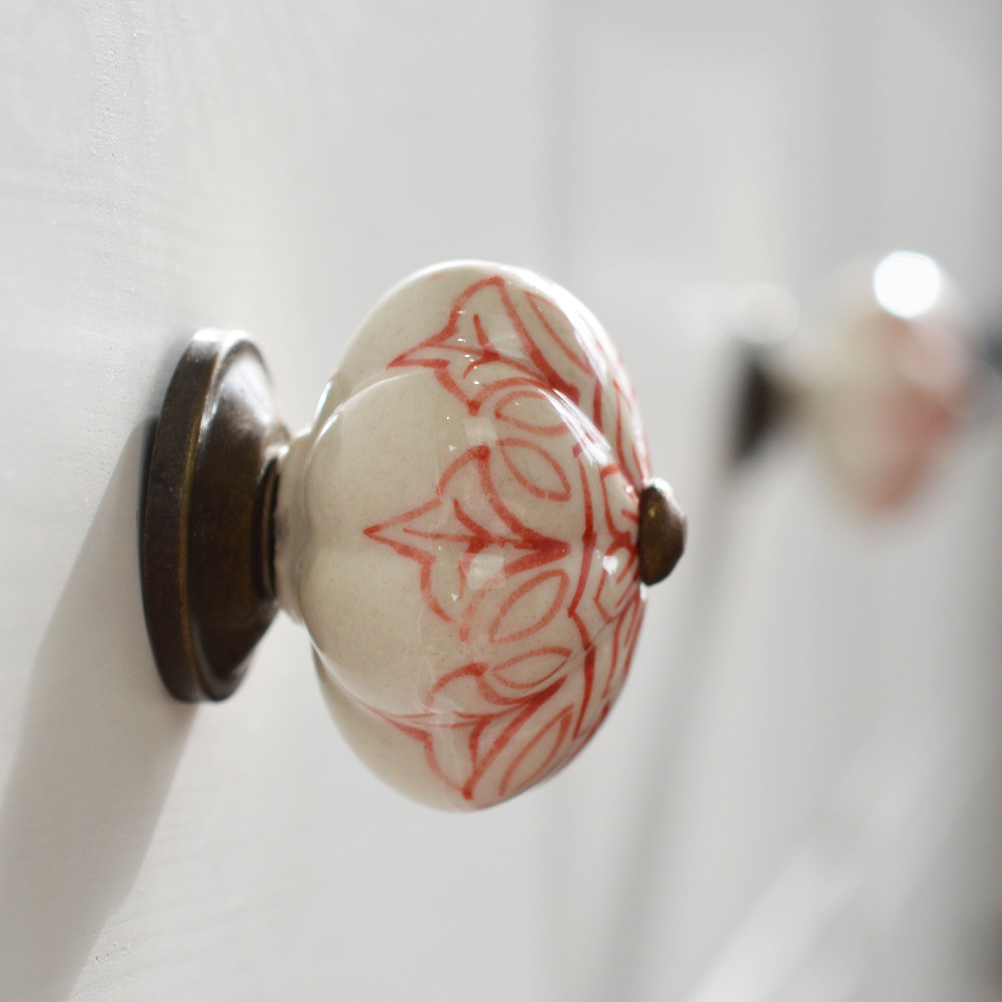 Ceramic Drawer Knob - Vintage Flower - Red