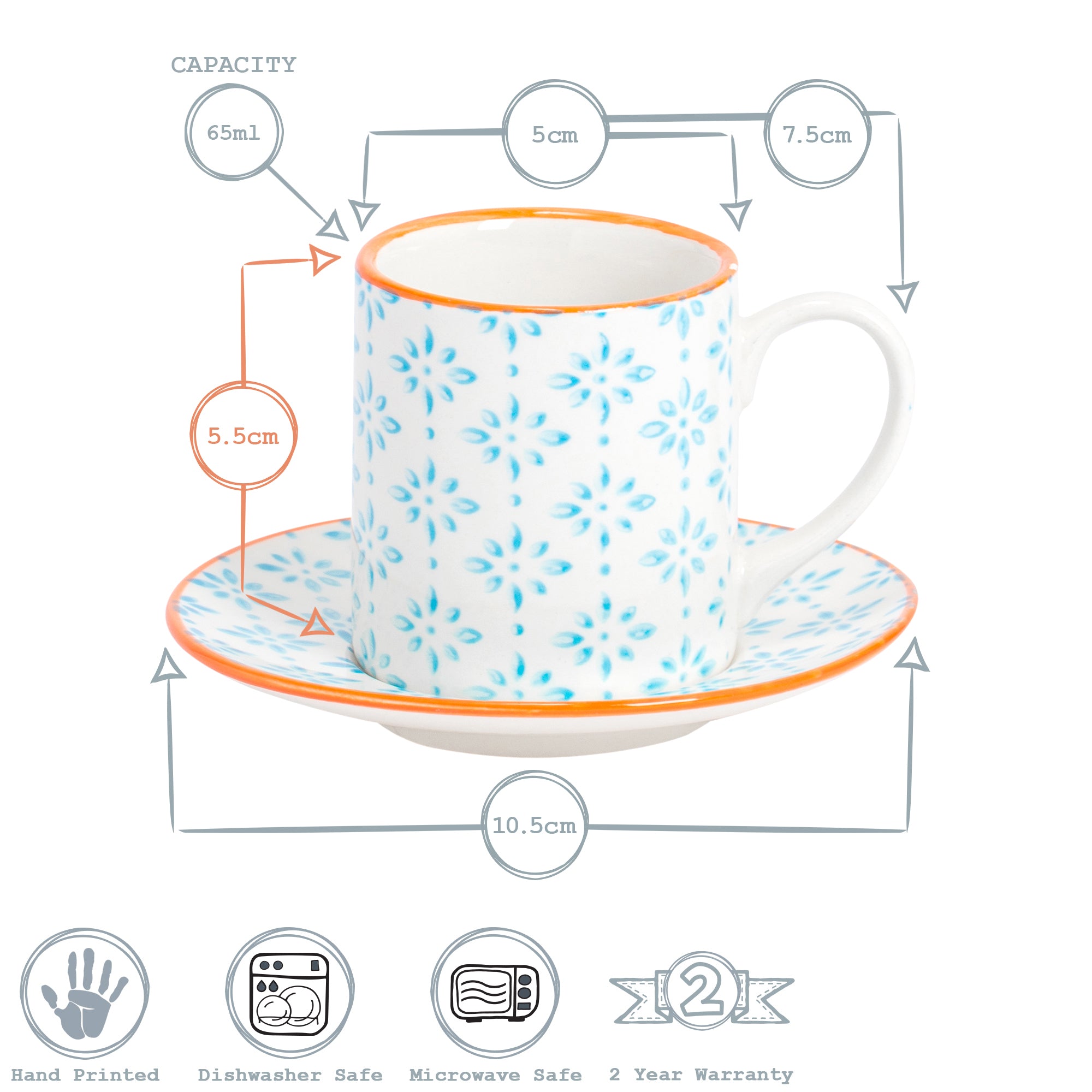 Hand-Printed Espresso Cup and Saucer Set - 65ml - Light Blue