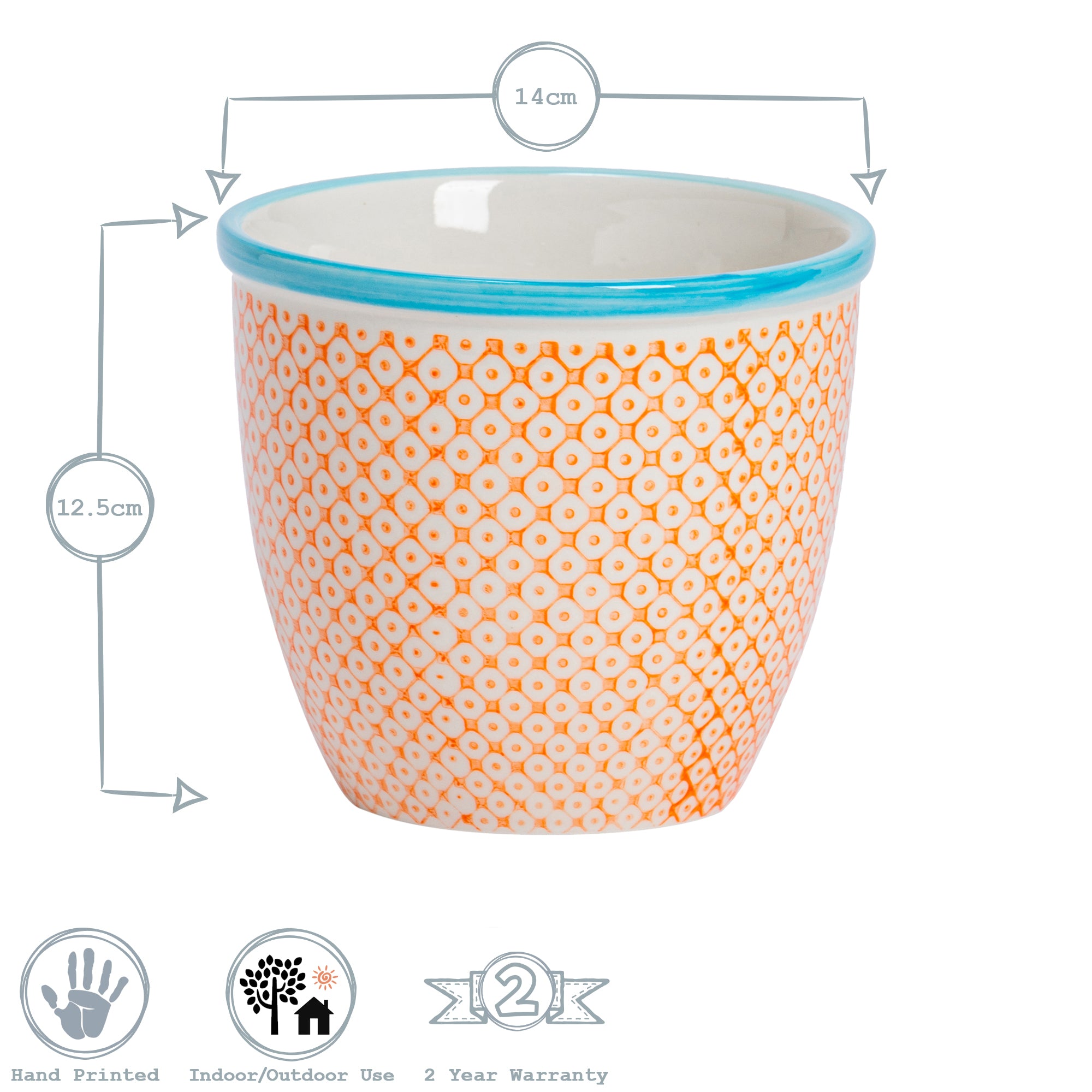 Hand-Printed Plant Pot - 14cm - Orange