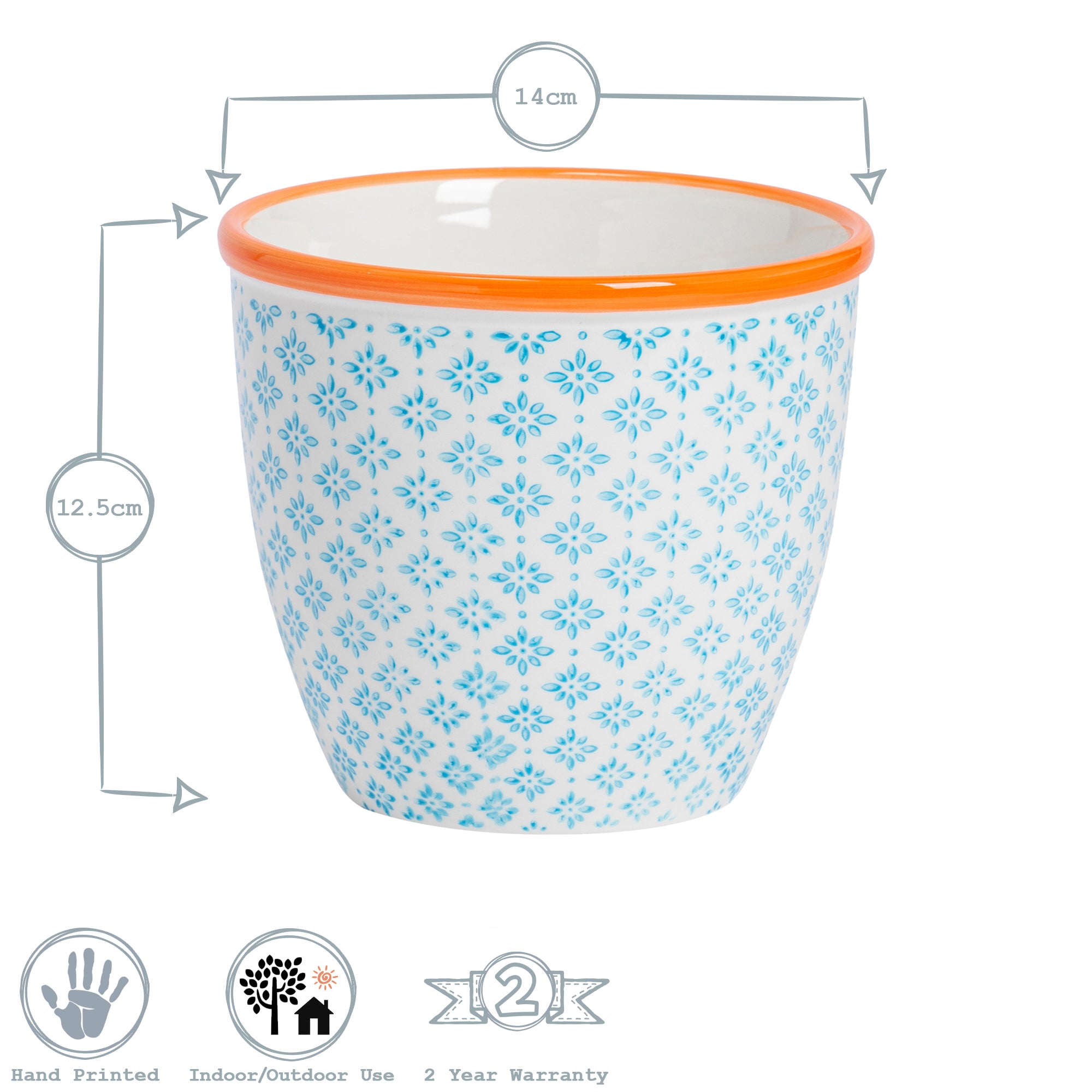 Hand-Printed Plant Pot - 14cm - Light Blue