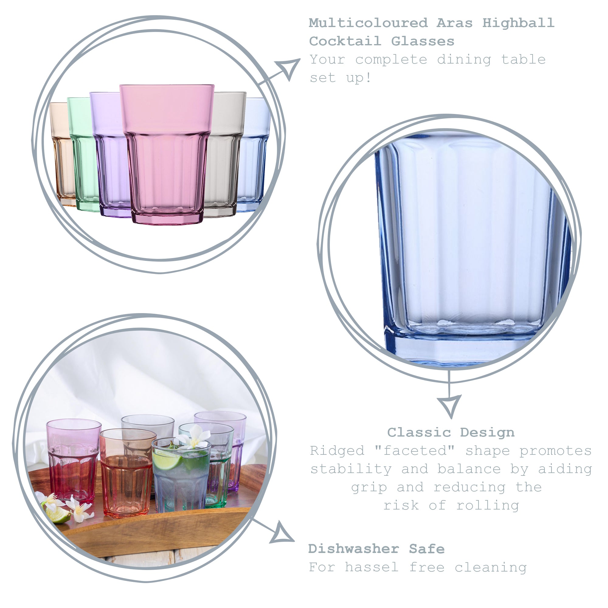 6 Piece Aras Pastel Highball Glasses Set - 365ml