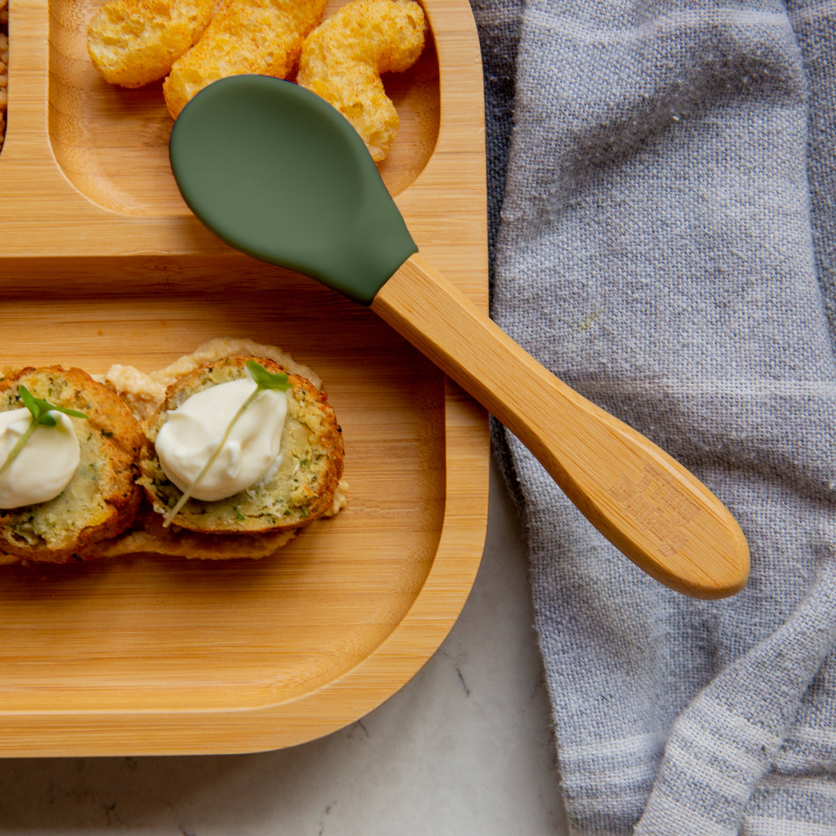 Bamboo Baby Weaning Spoon with Silicone Tip - Olive Green