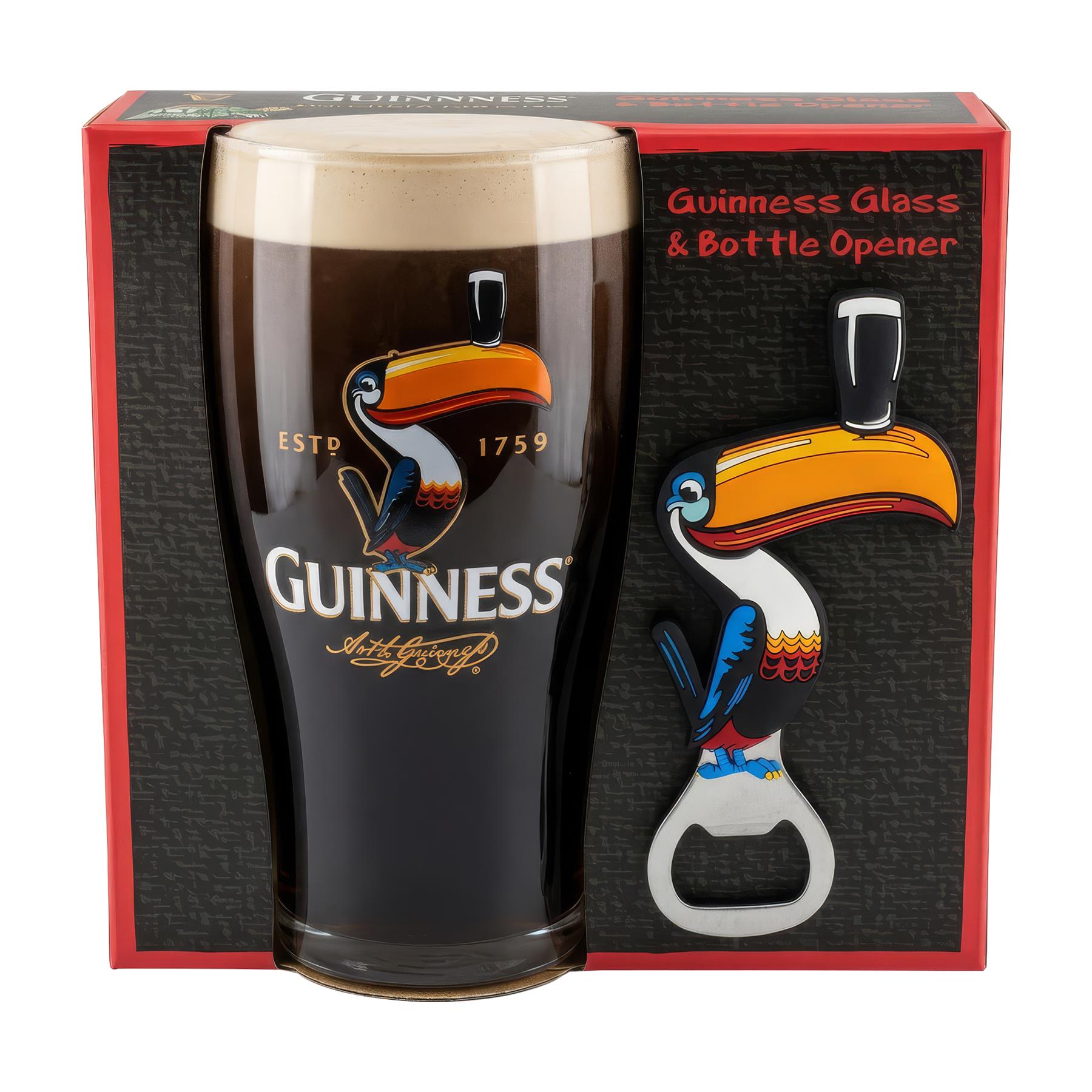 Guinness 2 Piece Toucan Pint Glass Set with Bottle Opener