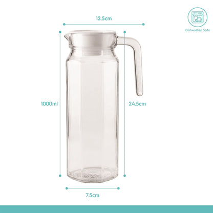 1L Glass Water Jug with White Silicone Lid - Clear