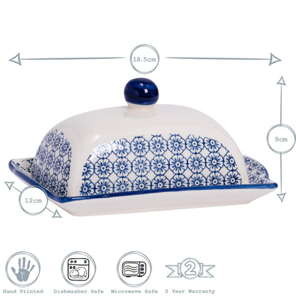 Hand-Printed Butter Dish - 18.5cm - Navy