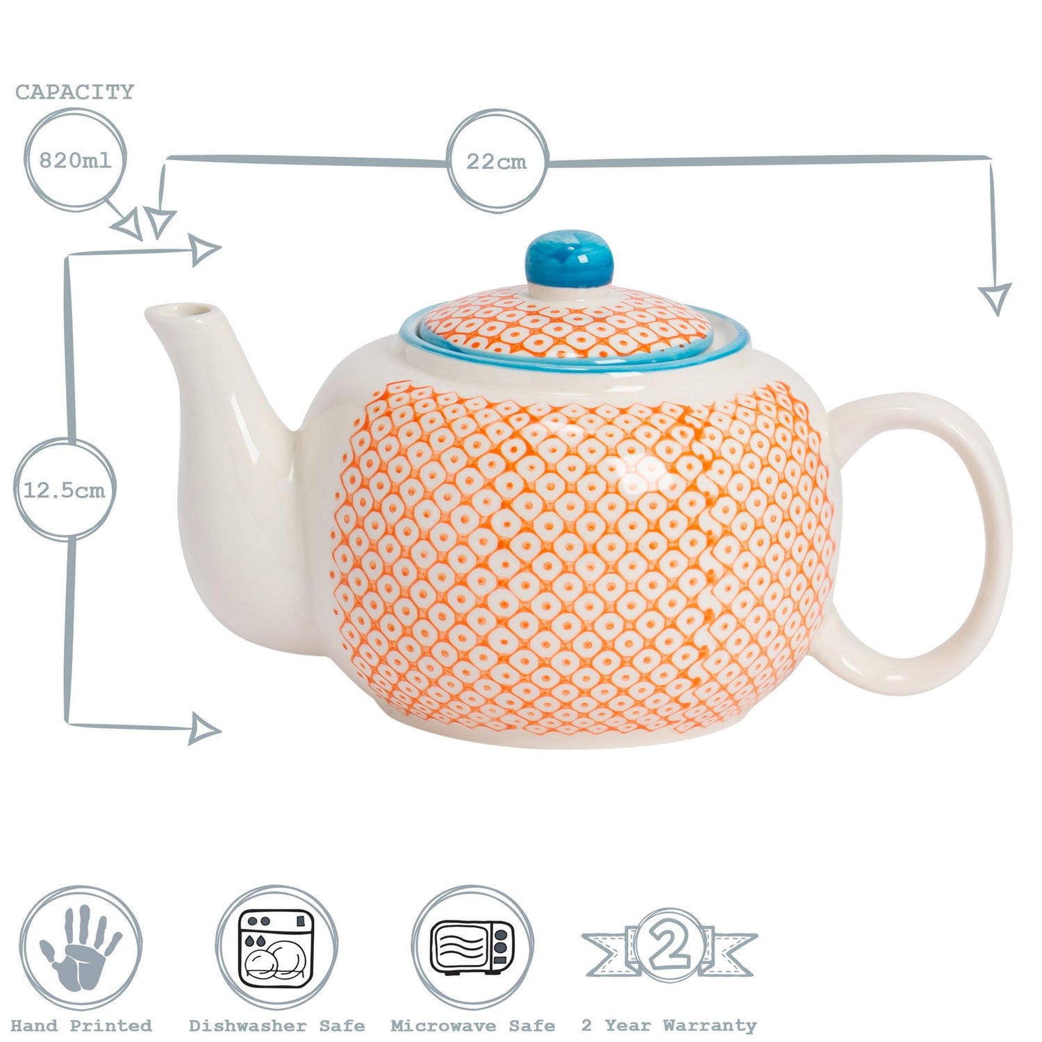 Hand-Printed Teapot - 820ml - Orange