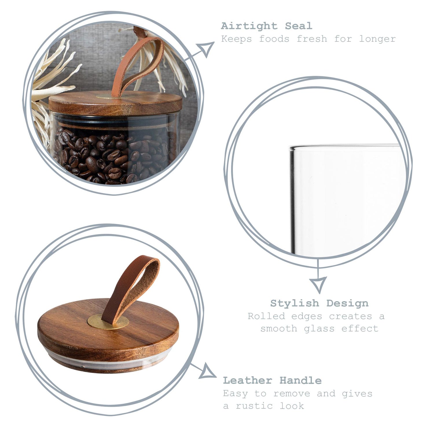 Glass Storage Jar with Wooden Lid - Leather Loop - 550ml