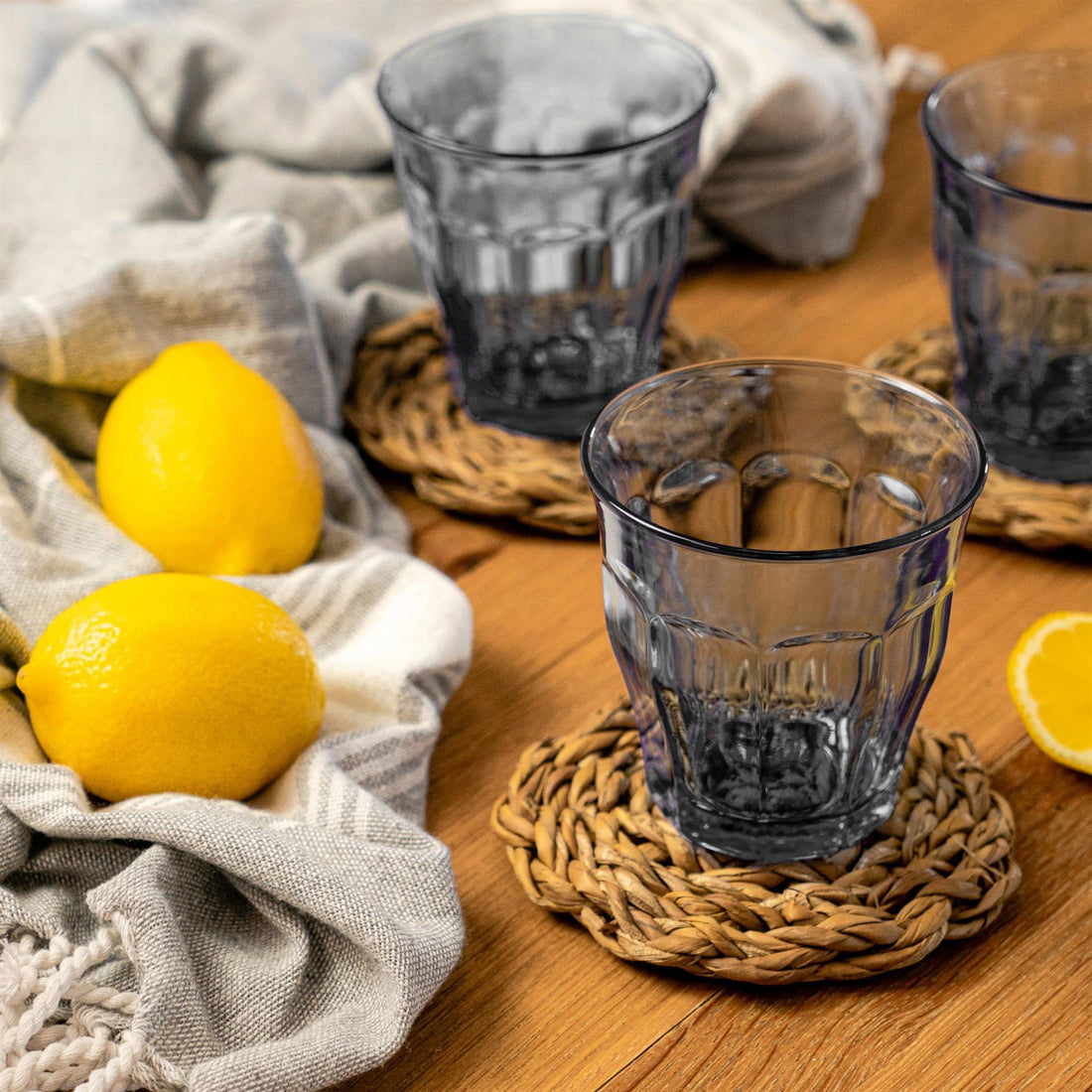 Duralex 6pc Picardie Tumbler Glasses Set Grey 250ml with Nicola Spring Turkish Cotton Towel