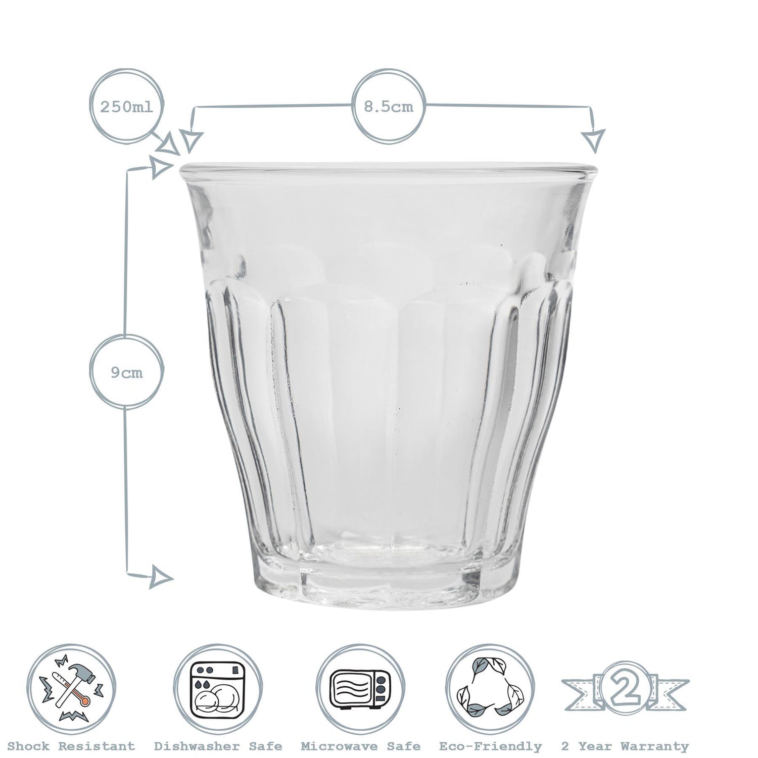 Duralex 6pc Picardie Tumbler Glasses Set Grey 250ml Dimensions