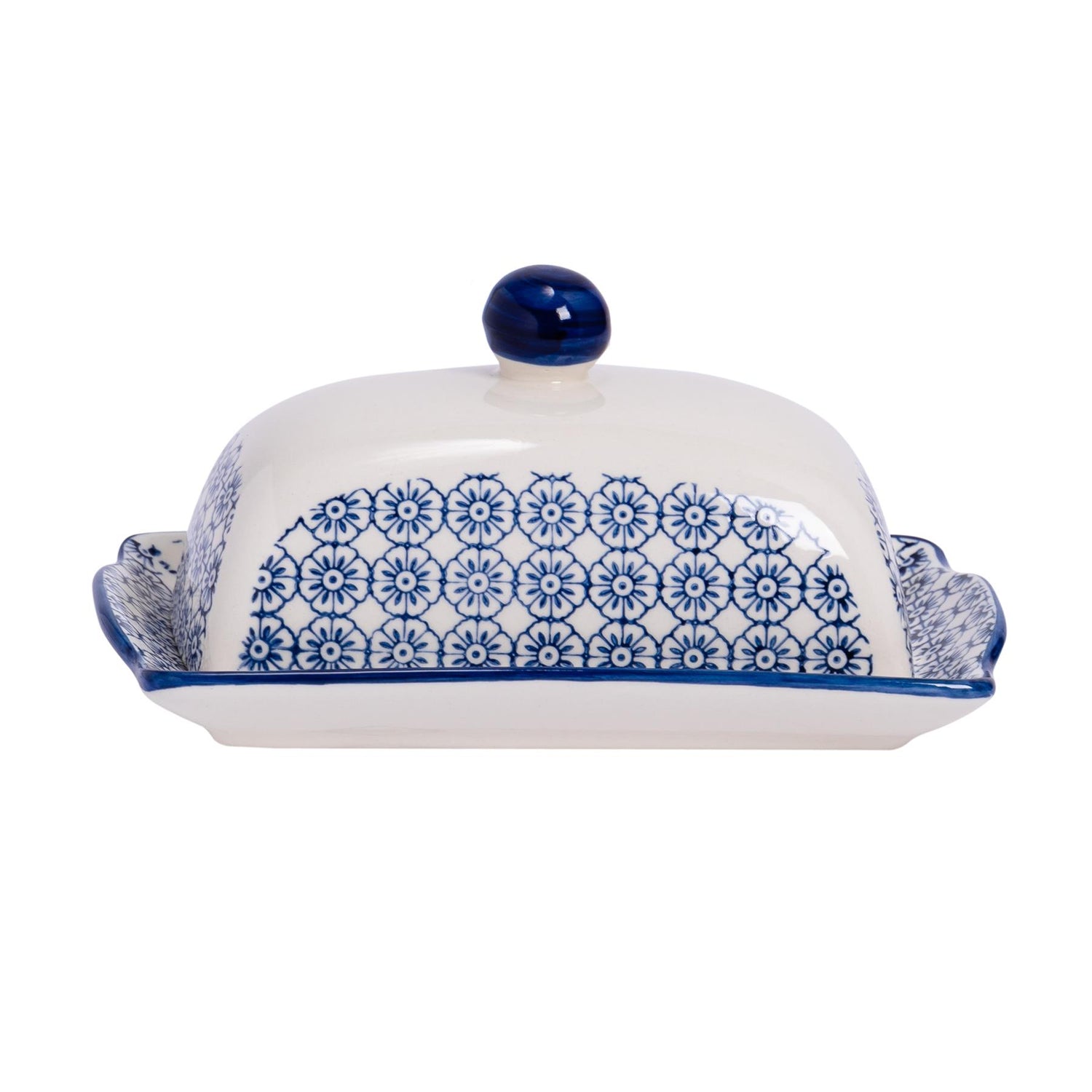 Hand-Printed Butter Dish - 18.5cm - Navy