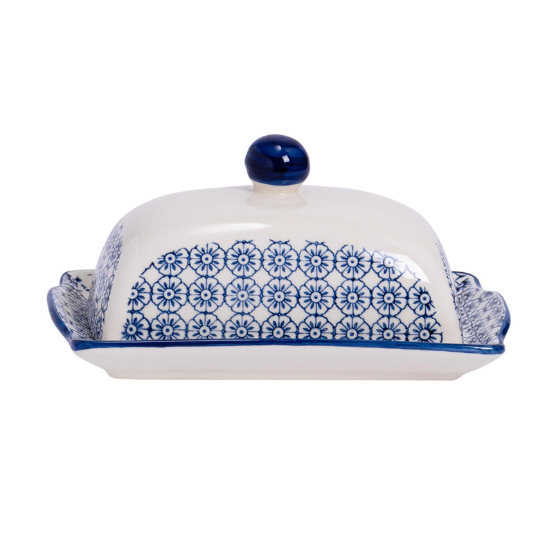 Nicola Spring Hand-Printed Butter Dish - 18.5cm - Navy