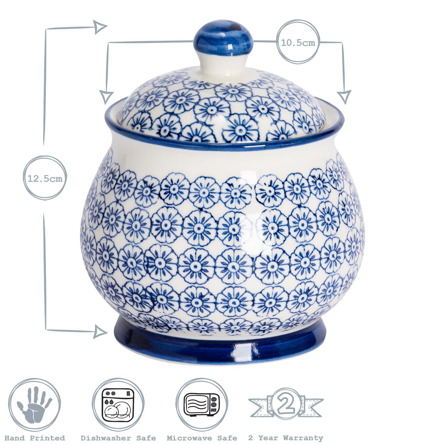 Hand-Printed Sugar Bowl - 10.5cm - Navy