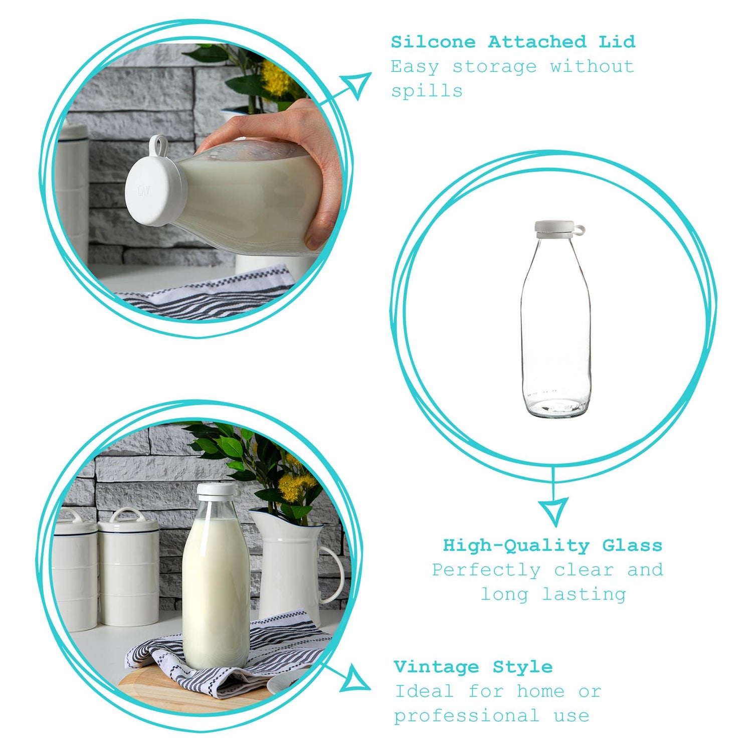 Glass Milk Bottle with Silicone Lid - 1 Litre