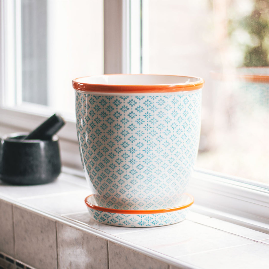 Hand-Printed Plant Pot - 20cm - Light Blue