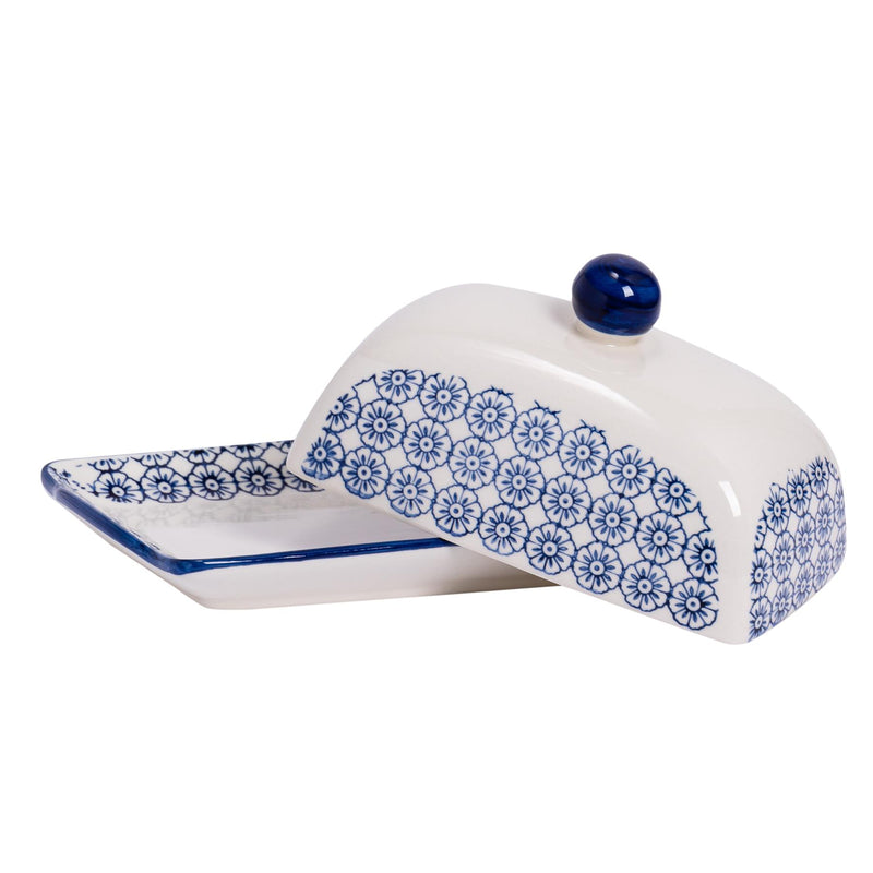 Nicola Spring Hand-Printed Butter Dish - 18.5cm - Navy