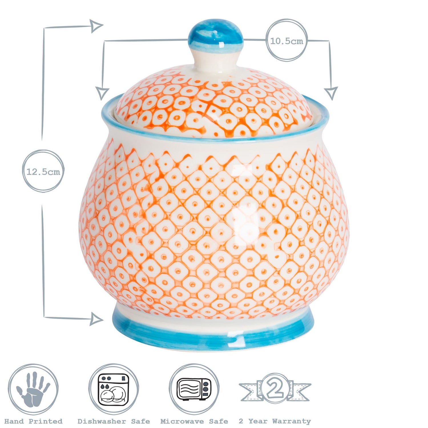 Hand-Printed Sugar Bowl - 10.5cm - Orange