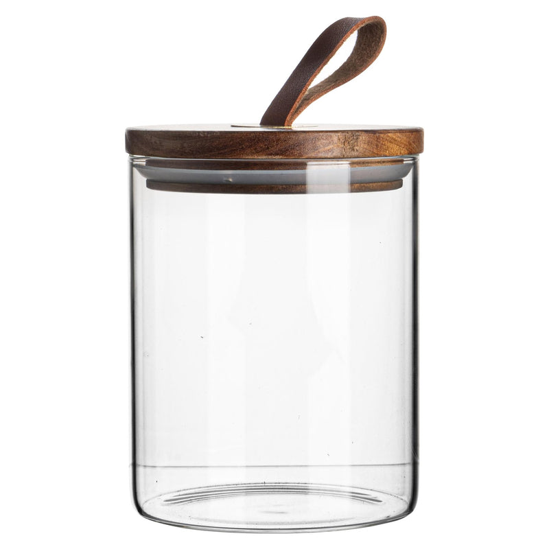 Argon Tableware Glass Storage Jar with Wooden Lid - Leather Loop - 750ml