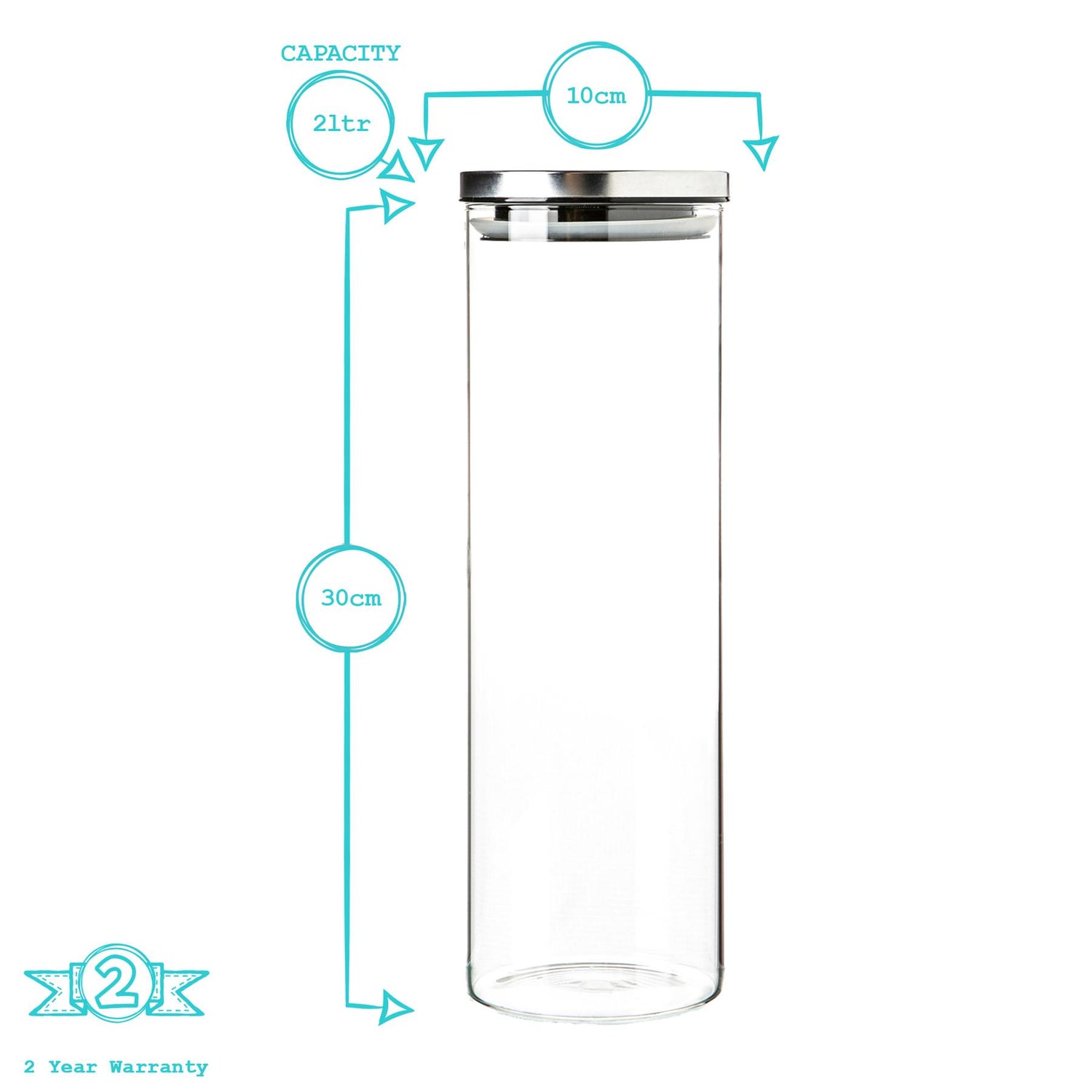 Glass Storage Jar with Metal Lid - 2 Litre - Silver