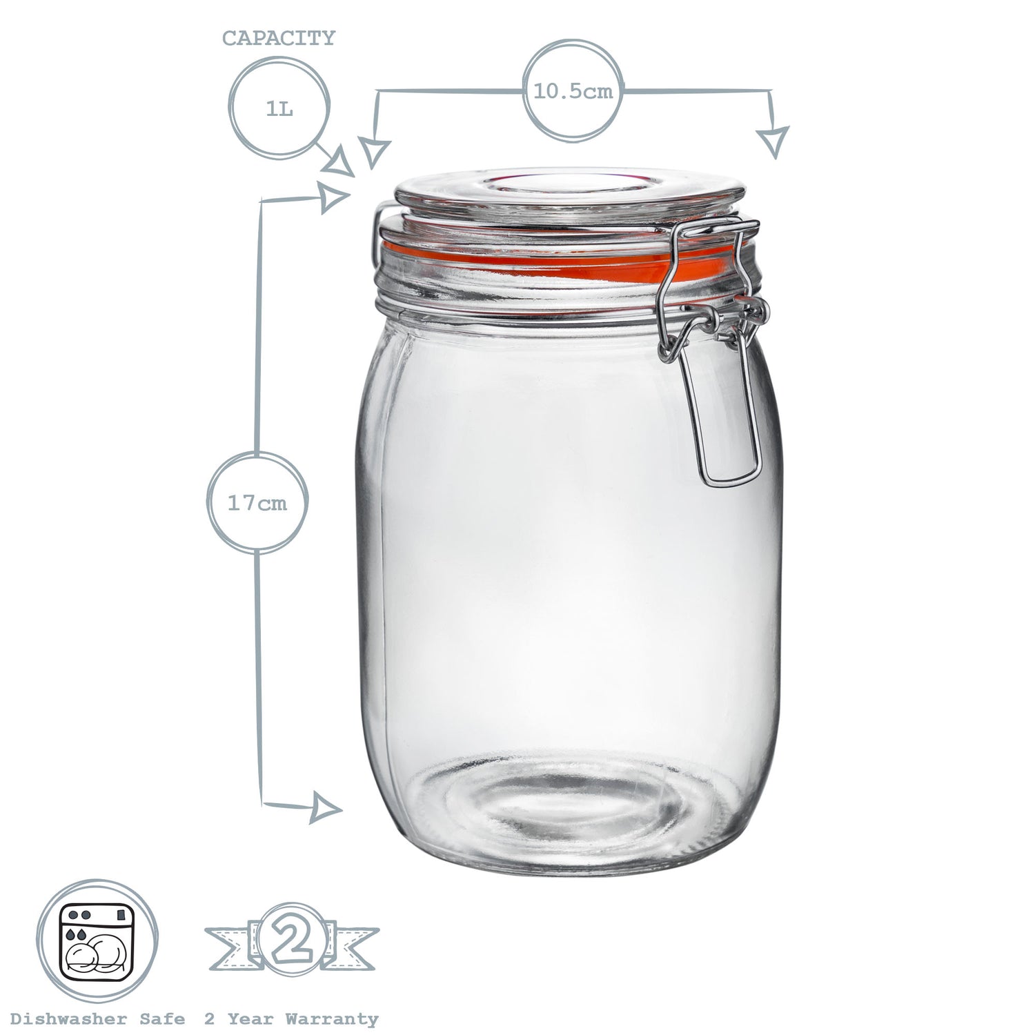 Glass Storage Jar - 1 Litre - Orange Seal