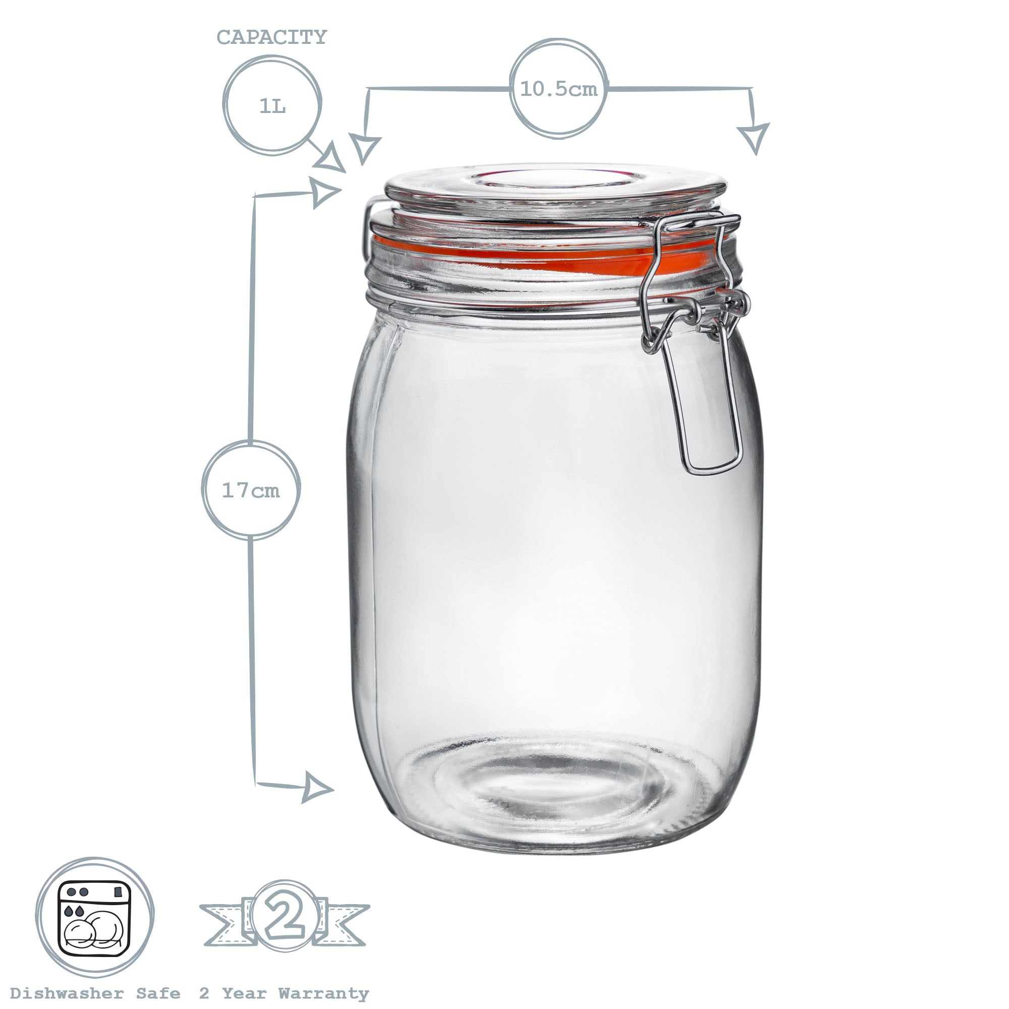 Glass Storage Jar - 1 Litre - Orange Seal