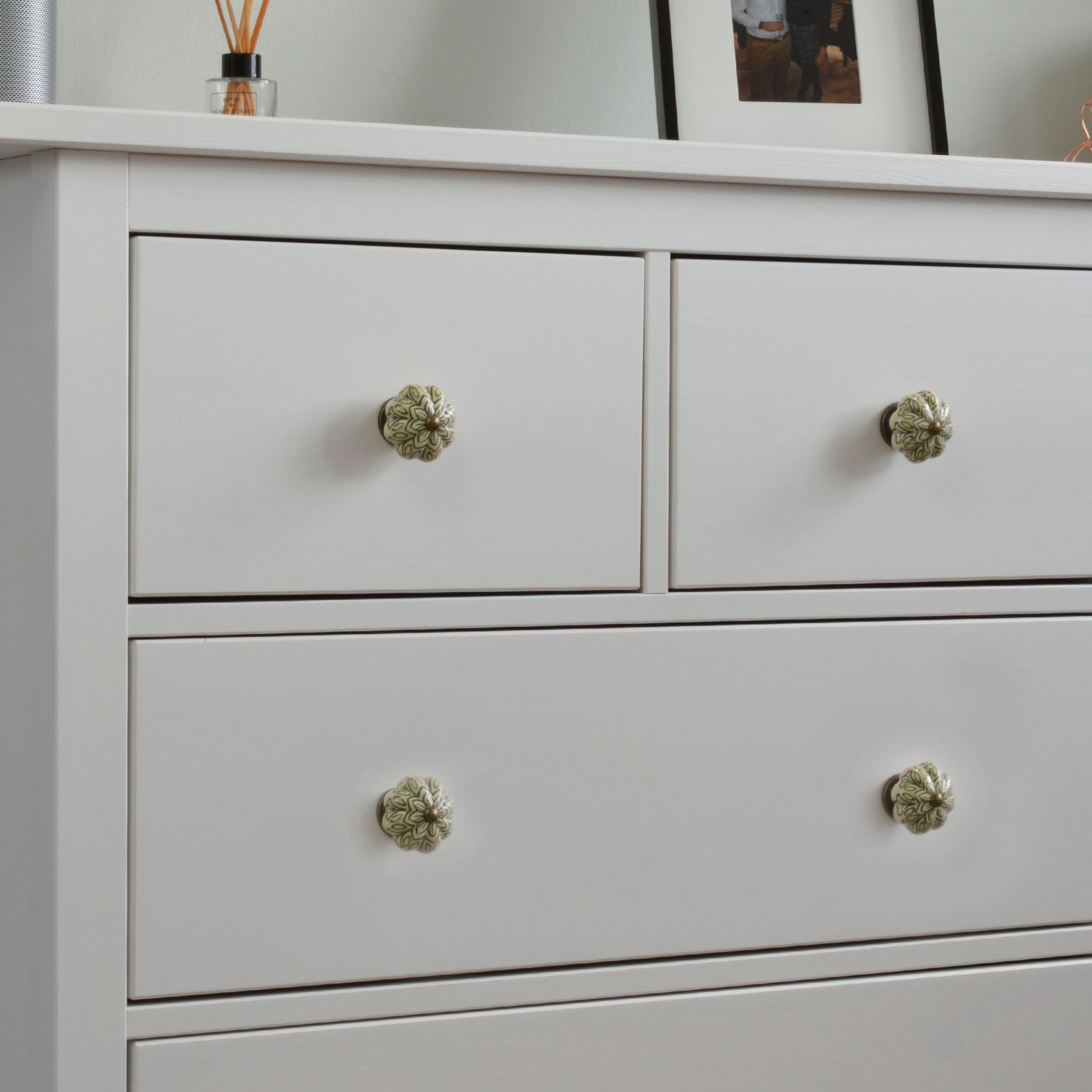 Ceramic Drawer Knob - Vintage Flower - Olive Green