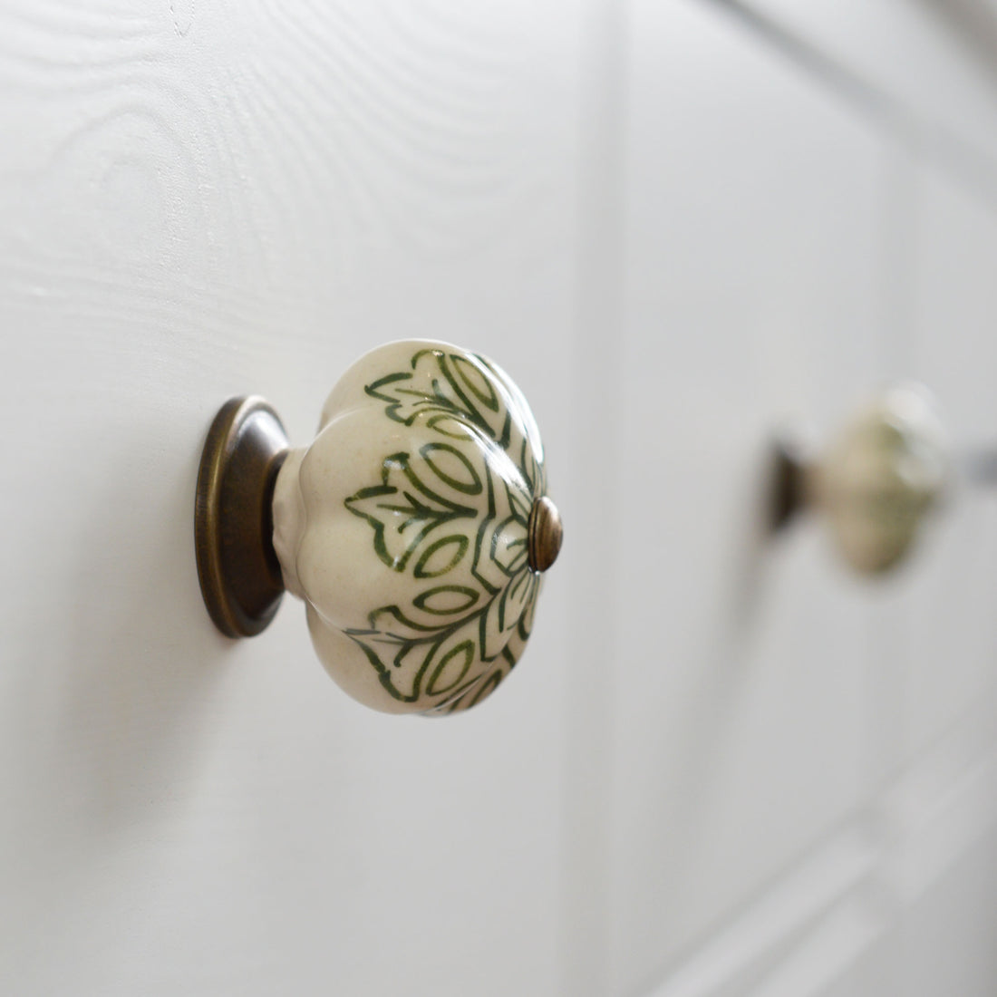 Ceramic Drawer Knob - Vintage Flower - Olive Green