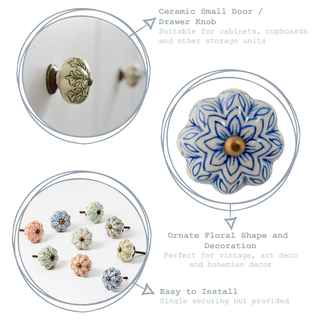 Ceramic Drawer Knob - Vintage Flower - Dark Red