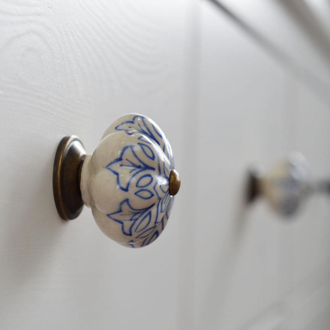 Ceramic Drawer Knob - Vintage Flower - Light Blue