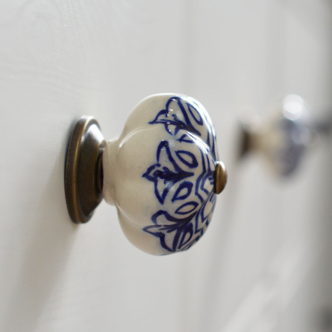Ceramic Drawer Knob - Vintage Flower - Dark Blue