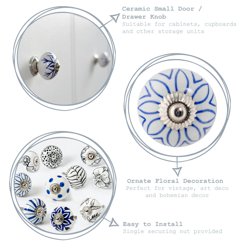 Nicola Spring Round Ceramic Drawer Knob - Black / White Flower