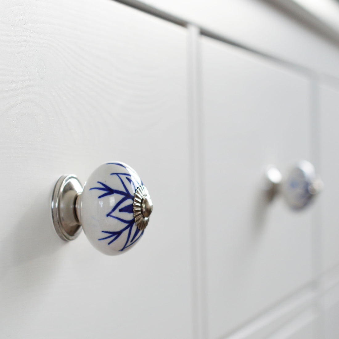 Round Ceramic Drawer Knob - Dark Blue Flower