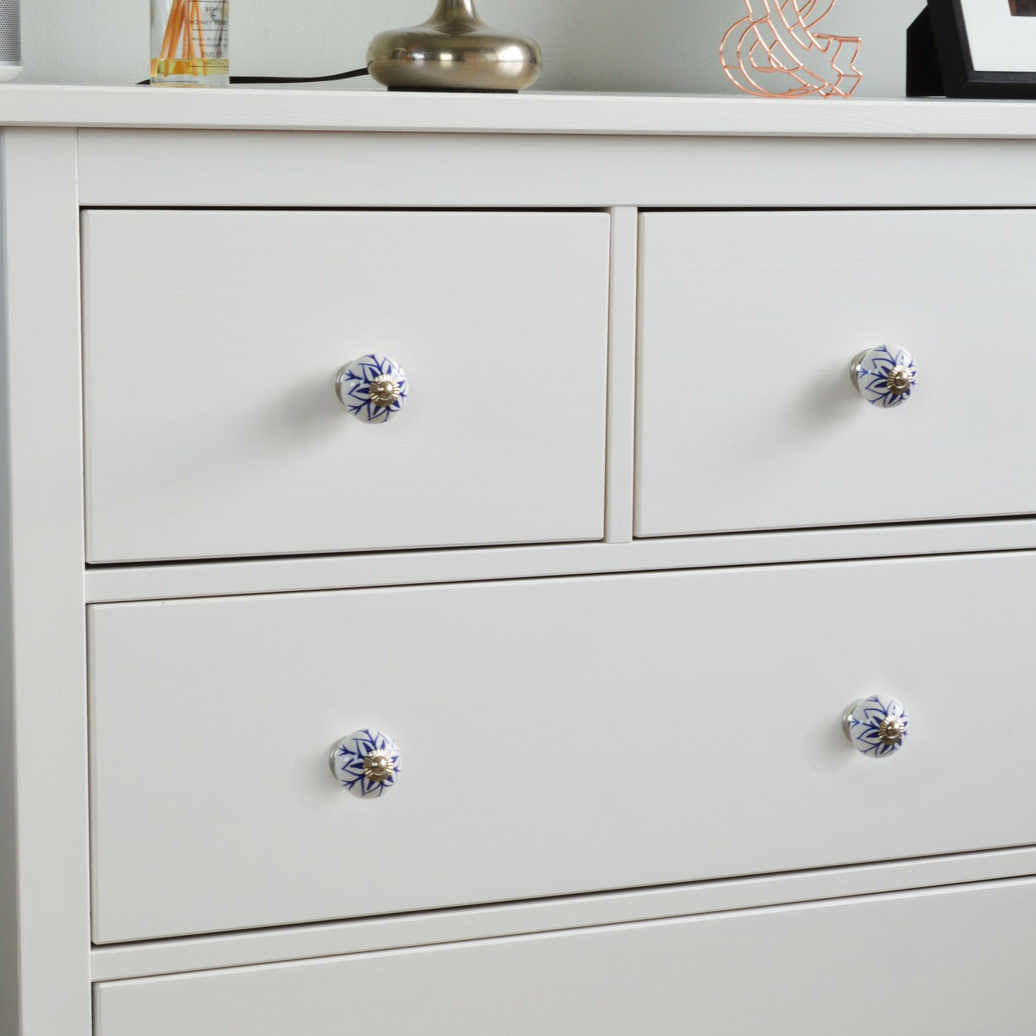 Round Ceramic Drawer Knob - Dark Blue Flower