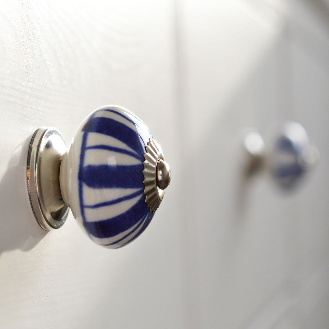 Round Ceramic Drawer Knob - Dark Blue Lines