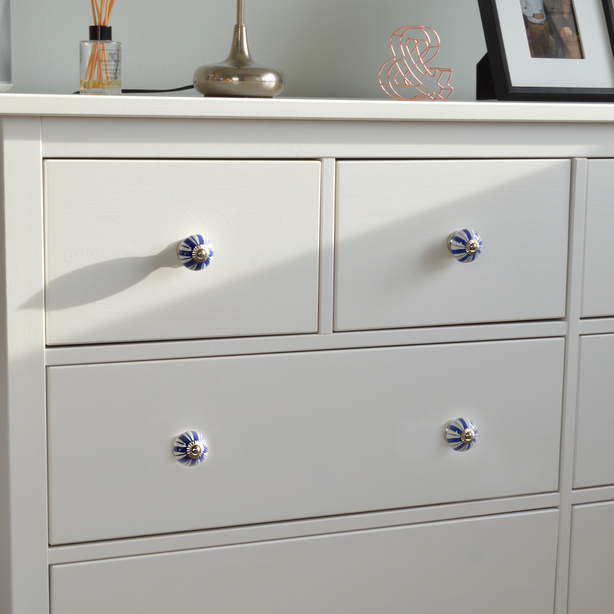 Round Ceramic Drawer Knob - Dark Blue Lines