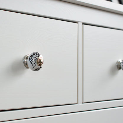 Round Ceramic Drawer Knob - Black / White Floral