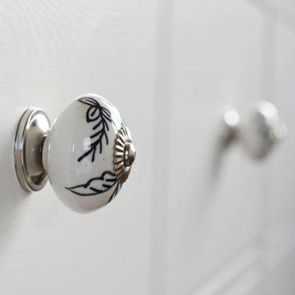 Round Ceramic Drawer Knob - Black / White Leaves