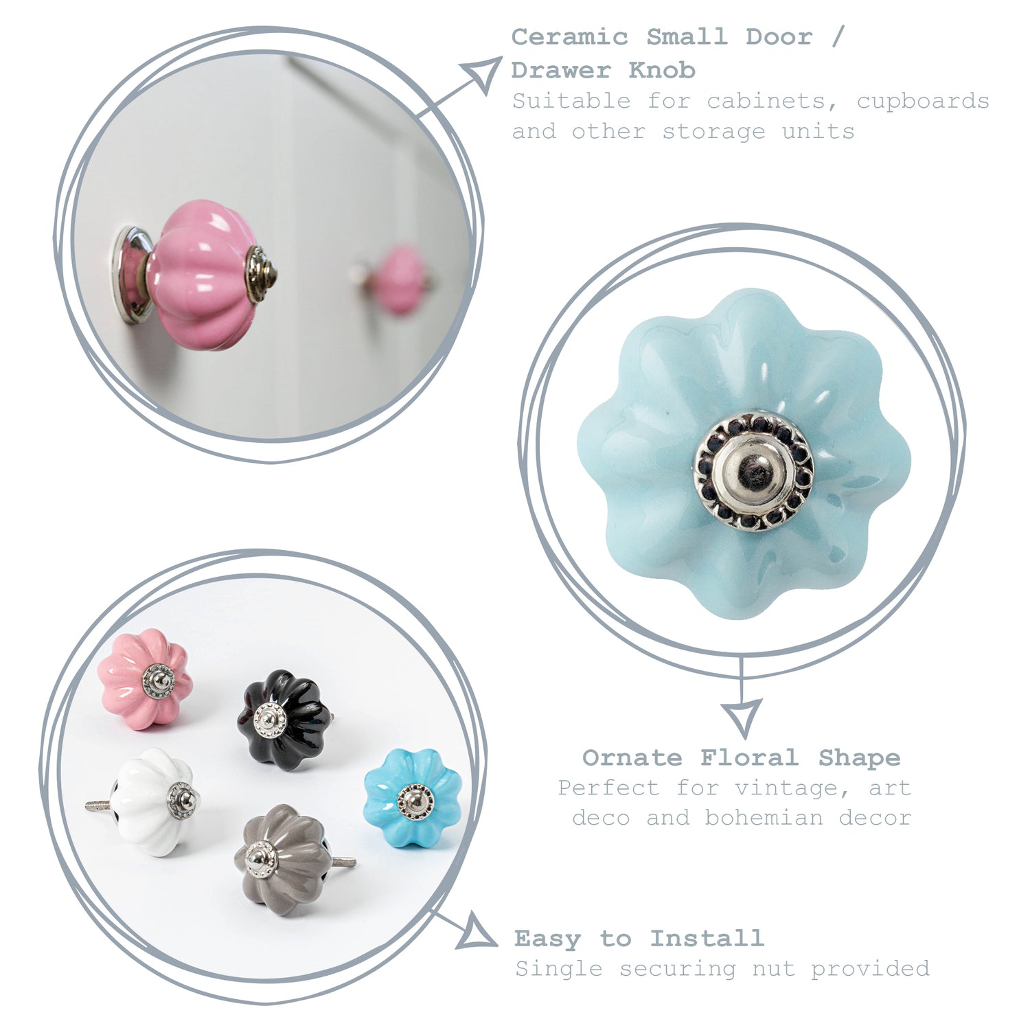 Ceramic Drawer Knob - Solid Flower - Grey