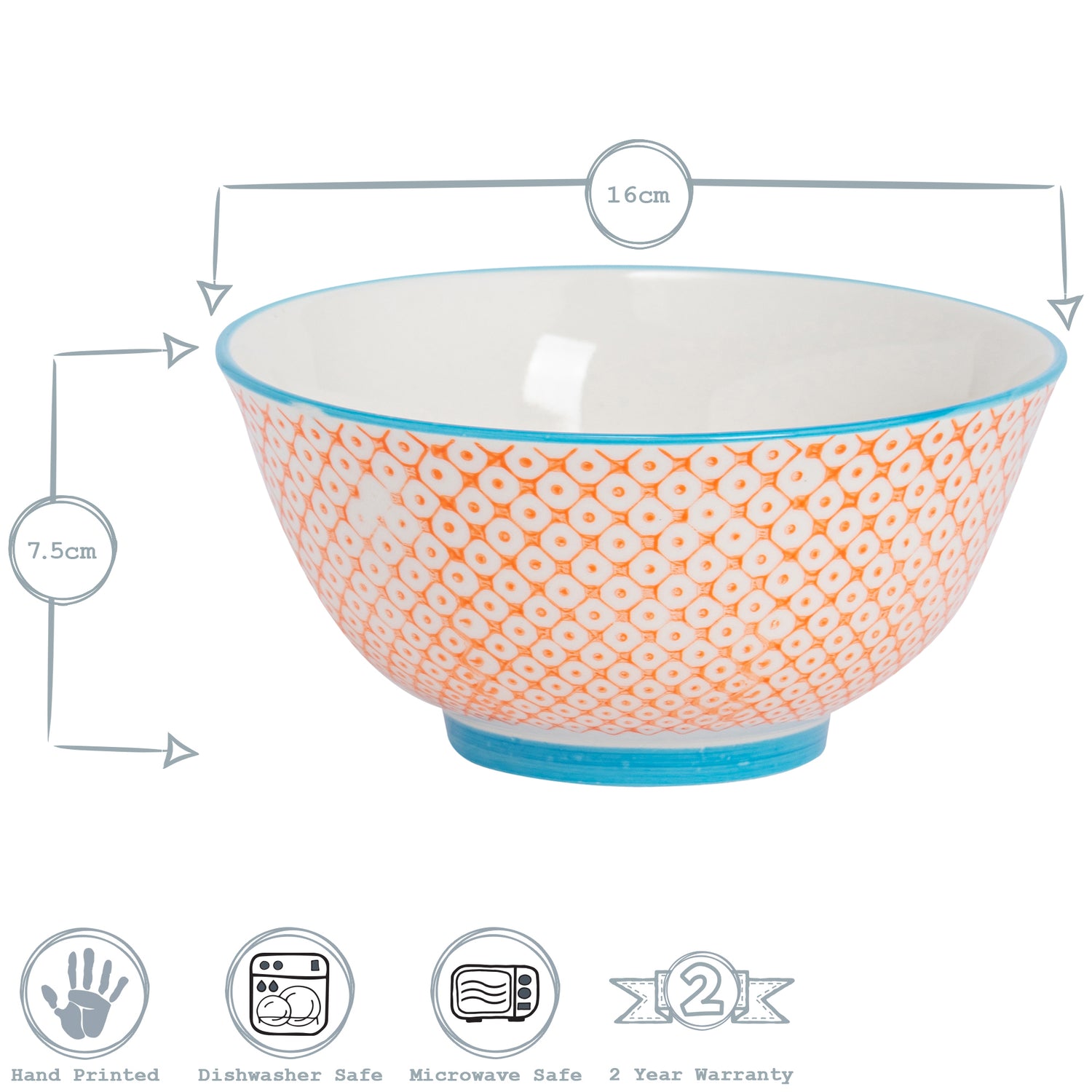 Hand-Printed Cereal Bowl - 16cm - Orange