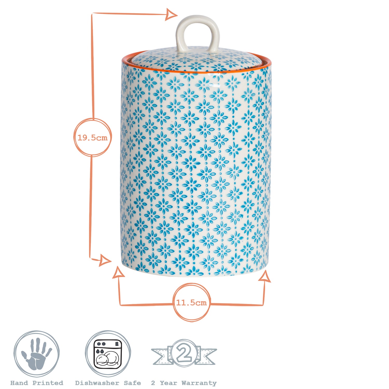 Nicola Spring Hand-Printed Kitchen Canister Light Blue