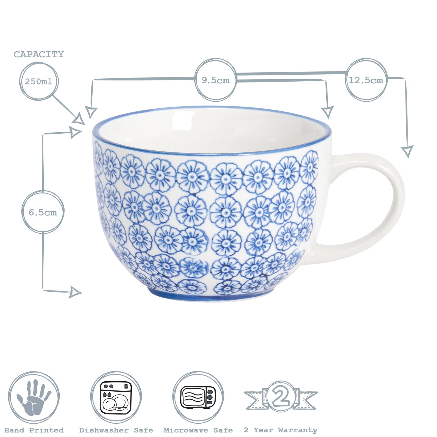 Hand-Printed Cappuccino Cup - 250ml - Navy