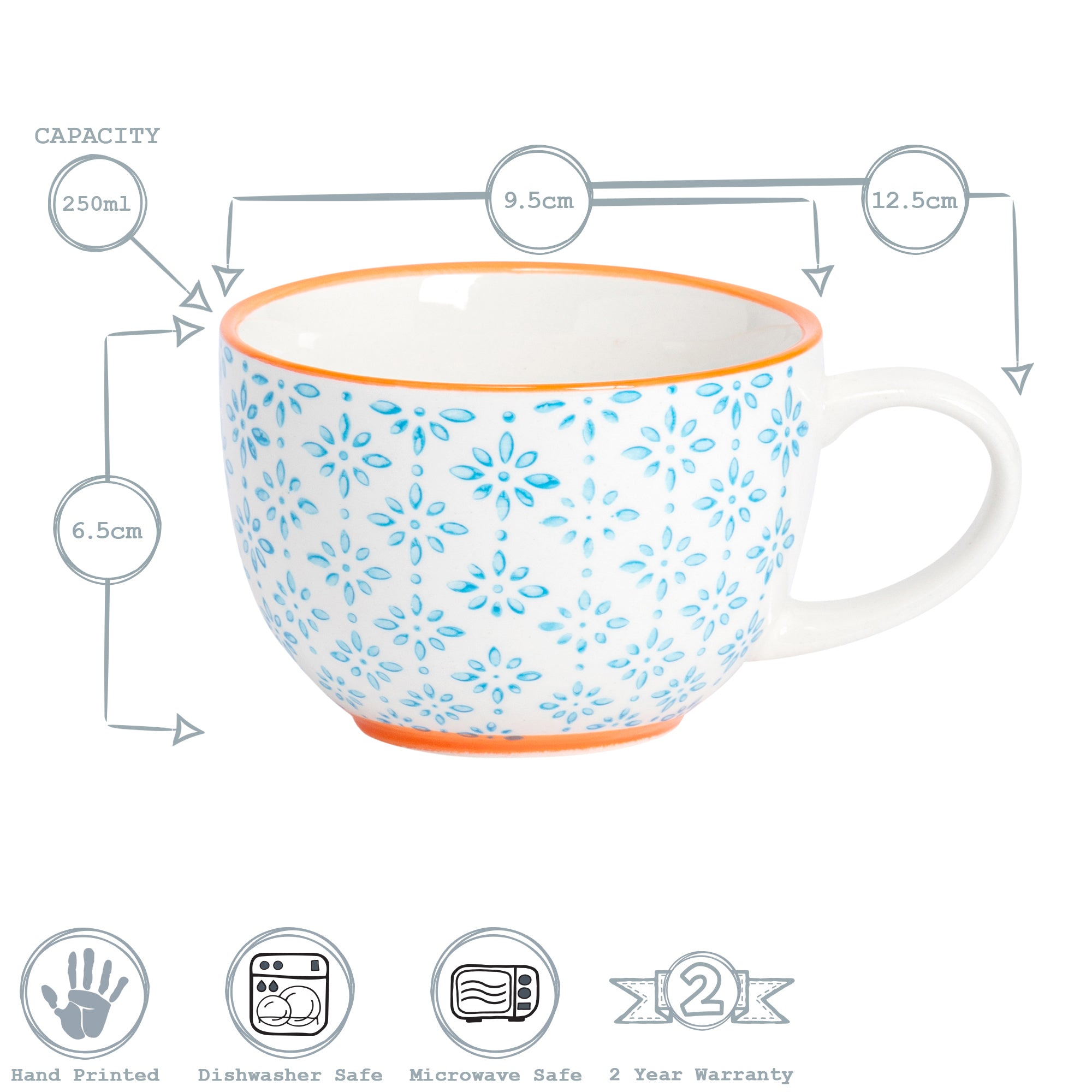 Hand-Printed Cappuccino Cup - 250ml - Light Blue
