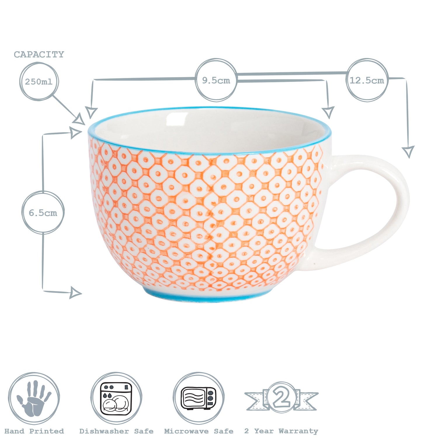 Hand-Printed Cappuccino Cup - 250ml - Orange